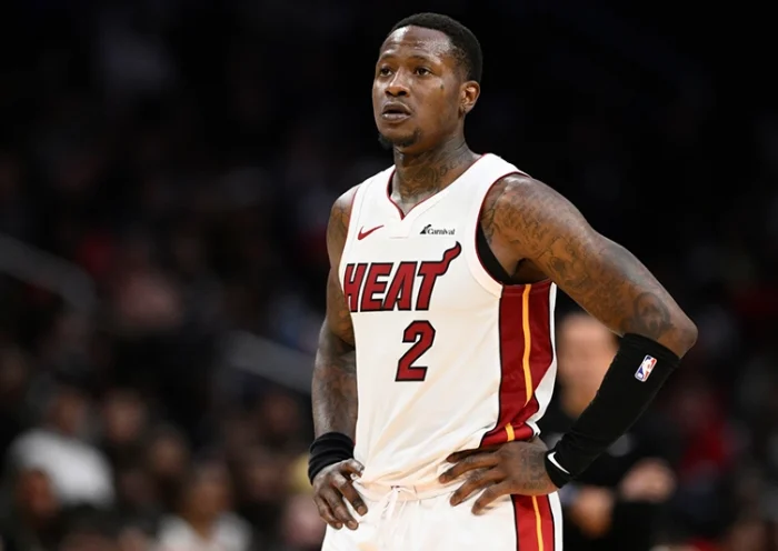 Miami Heat guard Terry Rozier (2) looks on during the second half of an NBA basketball game against the Washington Wizards, Sunday, March 31, 2024, in Washington. (AP Photo/Nick Wass, File)
