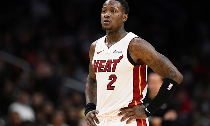 Miami Heat guard Terry Rozier (2) looks on during the second half of an NBA basketball game against the Washington Wizards, Sunday, March 31, 2024, in Washington. (AP Photo/Nick Wass, File)