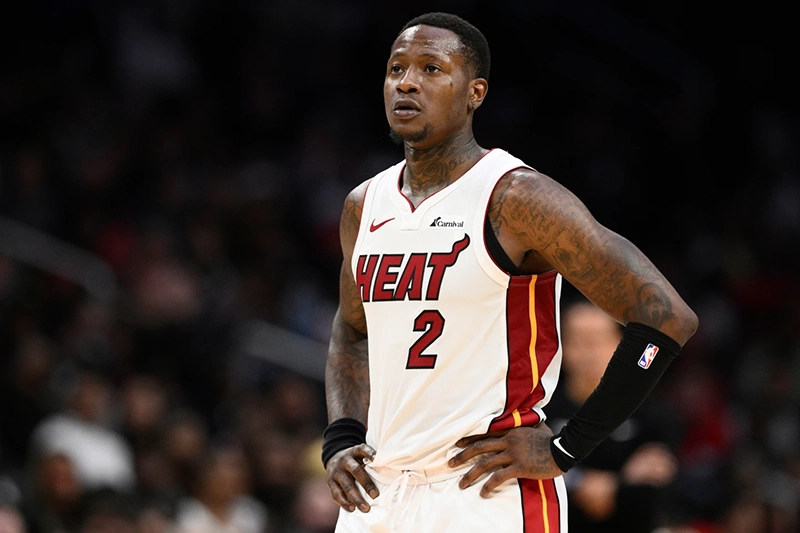Miami Heat guard Terry Rozier (2) looks on during the second half of an NBA basketball game against the Washington Wizards, Sunday, March 31, 2024, in Washington. (AP Photo/Nick Wass, File)