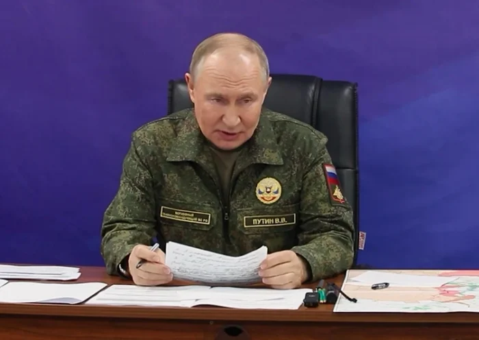 In this image made from video released by the Russian Presidential Press Office on Sunday, Oct. 26, 2025, Russian President Vladimir Putin speaks while visiting one of the command posts of the Joint Group of Forces. (Russian Presidential Press Office via AP)