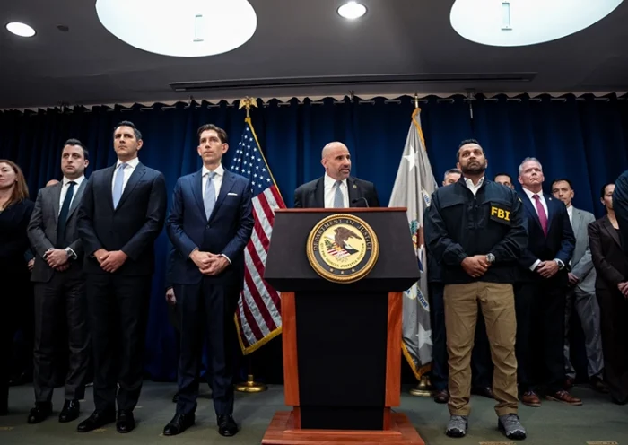 FBI assistant director Christopher Raia speaks at a press conference announcing the arrests of Portland Trail Blazers head coach Chauncey Billups and Miami Heat guard Terry Rozier in connection with a federal investigation into sports betting and illegal gambling, Thursday, Oct. 23, 2025, in New York. (AP Photo/Angelina Katsanis)