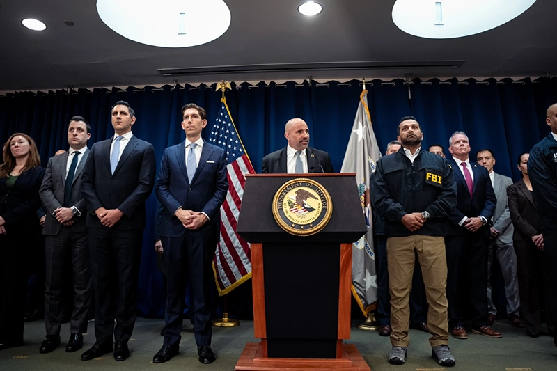 FBI assistant director Christopher Raia speaks at a press conference announcing the arrests of Portland Trail Blazers head coach Chauncey Billups and Miami Heat guard Terry Rozier in connection with a federal investigation into sports betting and illegal gambling, Thursday, Oct. 23, 2025, in New York. (AP Photo/Angelina Katsanis)