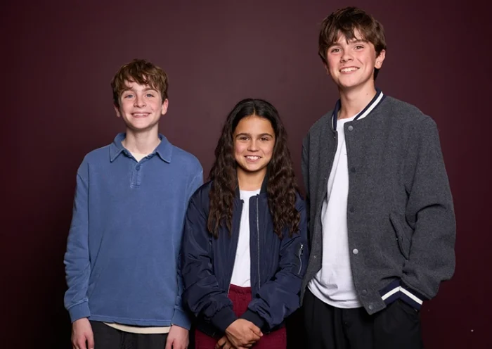 Max Lester, from left, Arabella Stanton and Frankie Treadaway pose for a portrait to promote the Audible “Harry Potter” series in London on July 20, 2025. (Photo by Scott A Garfitt/Invision/AP)