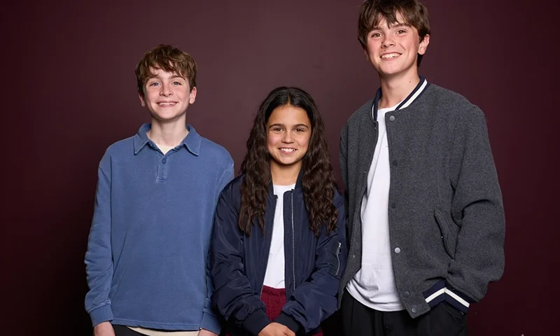 Max Lester, from left, Arabella Stanton and Frankie Treadaway pose for a portrait to promote the Audible “Harry Potter” series in London on July 20, 2025. (Photo by Scott A Garfitt/Invision/AP)