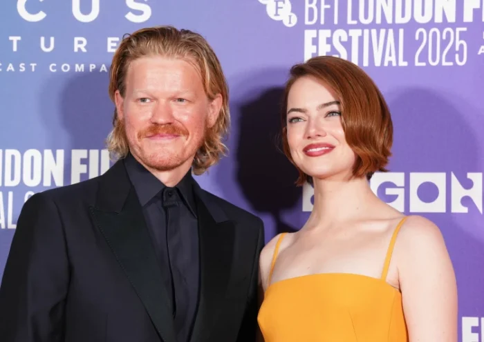 Jesse Plemons and Emma Stone pose at the premiere of “Bugonia” in London, Friday, Oct. 10, 2025. (Photo by Scott A Garfitt/Invision/AP)