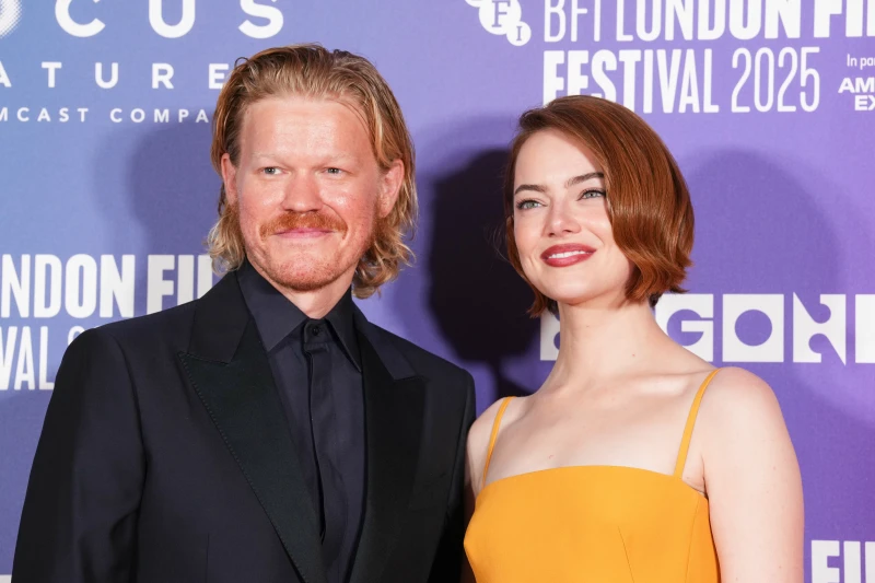 Jesse Plemons and Emma Stone pose at the premiere of “Bugonia” in London, Friday, Oct. 10, 2025. (Photo by Scott A Garfitt/Invision/AP)