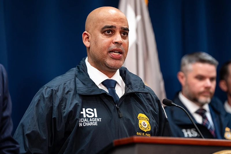 Homeland Security Investigations New York Special Agent in Charge Ricky J. Patel speaks at a news conference announcing numerous arrests in illegal sports betting and poker game schemes at the U.S. Attorney’s Office, Thursday, Oct. 23, 2025, in New York. (AP Photo/Angelina Katsanis)