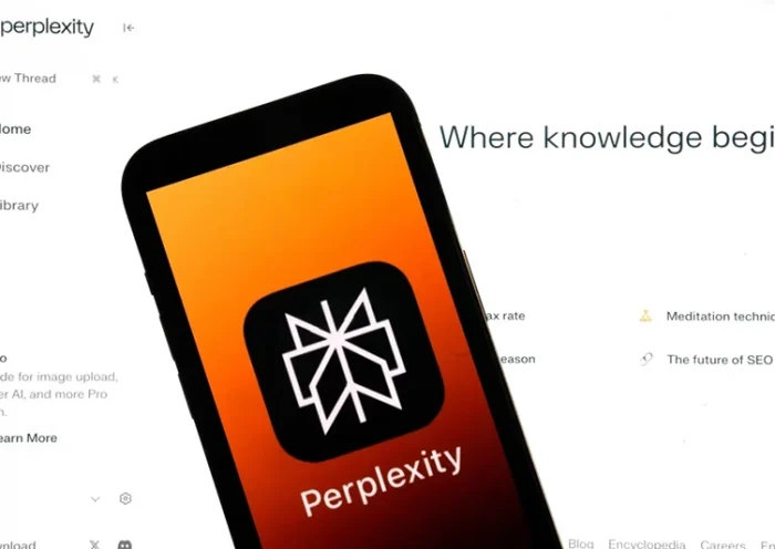 The Perplexity website and logo are shown in this photo, in New York, Friday, July 5, 2024. (AP Photo/Richard Drew, File)