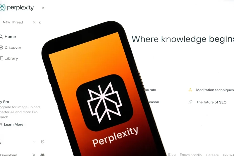 The Perplexity website and logo are shown in this photo, in New York, Friday, July 5, 2024. (AP Photo/Richard Drew, File)