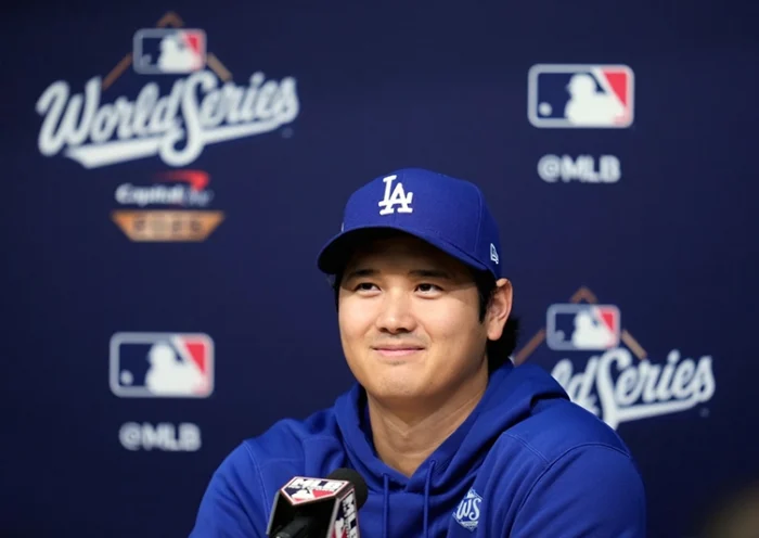 Los Angeles Dodgers’ Shohei Ohtani speaks during a press conference ahead of Game 3 of the 2025 World Series against the Toronto Blue Jays in Los Angeles, Sunday, Oct. 26, 2025. (AP Photo/Ashley Landis)