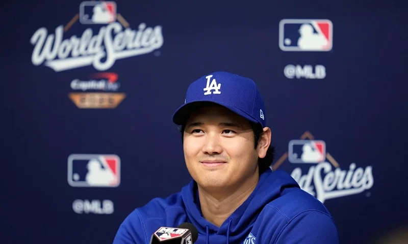 Los Angeles Dodgers’ Shohei Ohtani speaks during a press conference ahead of Game 3 of the 2025 World Series against the Toronto Blue Jays in Los Angeles, Sunday, Oct. 26, 2025. (AP Photo/Ashley Landis)