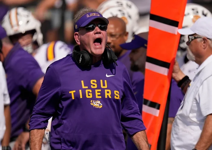LSU head coach Brian Kelly yells to an official during the second half of an NCAA college football game against Vanderbilt, Saturday, Oct. 18, 2025, in Nashville, Tenn. (AP Photo/George Walker IV)