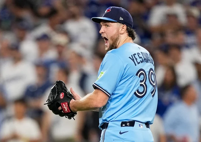 Toronto Blue Jays pitcher Trey Yesavage celebrates the end on the seventh inning in Game 5 of baseball’s World Series against the Los Angeles Dodgers, Wednesday, Oct. 29, 2025, in Los Angeles. (AP Photo/Brynn Anderson)