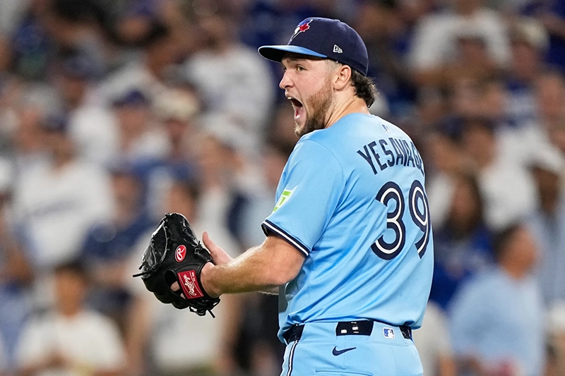 Toronto Blue Jays pitcher Trey Yesavage celebrates the end on the seventh inning in Game 5 of baseball’s World Series against the Los Angeles Dodgers, Wednesday, Oct. 29, 2025, in Los Angeles. (AP Photo/Brynn Anderson)