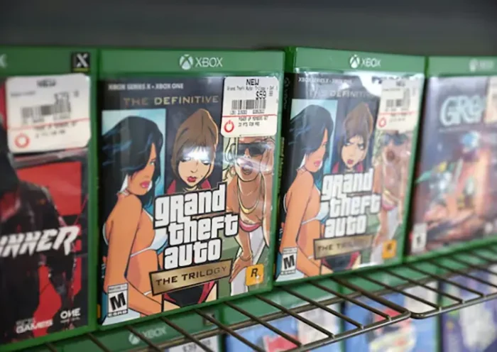 Grand Theft Auto The Trilogy by Take-Two Interactive Software Inc is seen for sale in a store in Manhattan, New York City, U.S., February 7, 2022. REUTERS/Andrew Kelly/File Photo