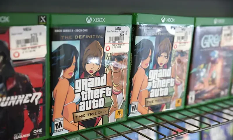 Grand Theft Auto The Trilogy by Take-Two Interactive Software Inc is seen for sale in a store in Manhattan, New York City, U.S., February 7, 2022. REUTERS/Andrew Kelly/File Photo
