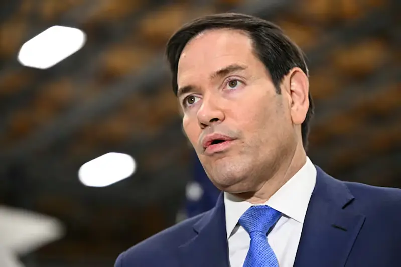 U.S. Secretary of State Marco Rubio speaks to journalists at the John C. Munro Hamilton International Airport, Ontario, Canada November 12, 2025. Mandel Ngan/Pool via REUTERS