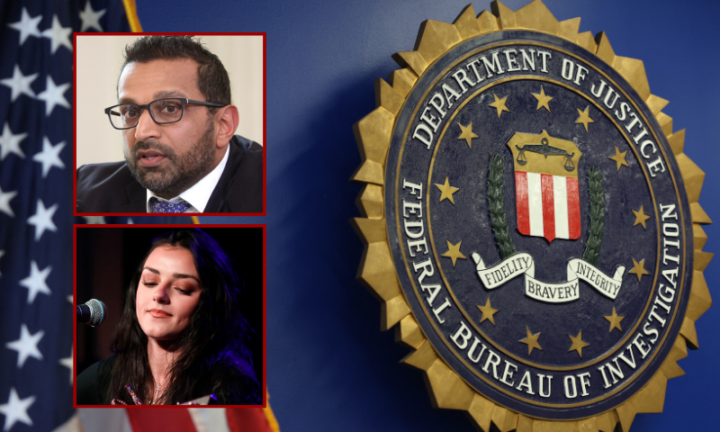 (Background) The logo of the Federal Bureau of Investigation (FBI) (PATRICK T. FALLON/AFP via Getty Images) / (L-Top) WASHINGTON, DC - OCTOBER 23: Director of the Federal Bureau of Investigation (FBI) Kash Patel delivers remarks as U.S. President Donald Trump makes an announcement on his Homeland Security Task Force in the State Dinning Room of the White House on October 23, 2025 in Washington, DC. Trump declared the task force a success, claiming that more than 3,000 cartel and foreign terrorists have been arrested. (Photo by Alex Wong/Getty Images) / (L-Bottom) NASHVILLE, TENNESSEE - JUNE 21: Alexis Wilkins performs at Spreading Hope With Keith Griner at 3rd & Lindsley on June 21, 2023 in Nashville, Tennessee. (Photo by Jason Kempin/Getty Images)