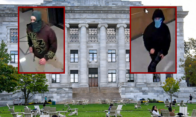 (Background) Harvard Medical School. (Photo via: hms.harvard.edu) / (L+R-Top) Surveillance footage of the two suspects from an explosion on Saturday (Photo via: Surveillance footage of two suspects from an explosion on Saturday -- Harvard University Police Department)
