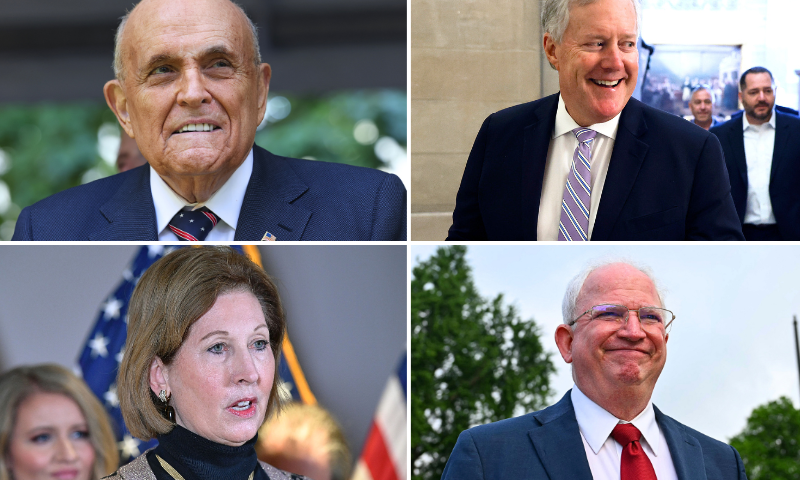 (L-Top) NEW YORK, NEW YORK - SEPTEMBER 11: Former NYC Mayor Rudy Giuliani attends the annual 9/11 Commemoration Ceremony at the National 9/11 Memorial and Museum on September 11, 2024 in New York City. U.S. President Joe Biden, Democratic presidential nominee, U.S. Vice President Kamala Harris, Republican presidential nominee, former U.S. President Donald Trump and Republican vice presidential nominee, U.S. Sen. J.D. Vance (R-OH) joined family and friends at Ground Zero honoring the lives of their loved ones on the 23rd anniversary of the terror attacks of September 11, 2001, at the World Trade Center. Biden and Harris will also attend ceremonies at the Flight 93 National Memorial in Shanksville, Pa, and the Pentagon in Arlington, Va., making visits to all three sites of the terror attacks that killed nearly 3,000 people. (Photo by Michael M. Santiago/Getty Images) / (L-Bottom) A November 19, 2020 photo shows Sidney Powell speaking during a press conference at the Republican National Committee headquarters in Washington, DC. - US President Donald Trump's personal lawyer Rudy Giuliani and campaign lawyer Jenna Ellis reportedly said that Powell is not a member of the Trump legal team. (Photo by MANDEL NGAN / AFP) (Photo by MANDEL NGAN/AFP via Getty Images) / (R-Top) WASHINGTON, DC - OCTOBER 10: Former Trump White House Chief of Staff Mark Meadows arrives at the office of the Speaker of the House at the U.S. Capitol on October 10, 2023 in Washington, DC. Meadows refused to answer questions from reporters about the January 6, 2021 attack and said he was giving a tour of the Capitol. (Photo by Chip Somodevilla/Getty Images) / (R-Bottom) John Eastman a former lawyer for the forme US President Donald Trump's campaign attends a protest outside the US Supreme Court over President Donald Trump's move to end birthright citizenship as the court hears arguments over the order in Washington, DC, on May 15, 2025. Trump issued an executive order on his first day in office seeking to limit birthright citizenship for children whose parents are in the United States illegally or on temporary visas, but it has been blocked in multiple appellate courts. He appealed the case to the Supreme Court on March 13. (Photo by Drew ANGERER / AFP) (Photo by DREW ANGERER/AFP via Getty Images)