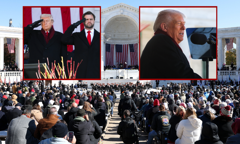 (Background) ARLINGTON, VIRGINIA - NOVEMBER 11: A general view as U.S. President Donald Trump delivers remarks during a ceremony at Memorial Amphitheater at Arlington National Cemetery to mark Veterans Day on November 11, 2025 in Arlington, Virginia. Members of the Trump administration visited Arlington National Cemetery to observe the federal holiday honoring military service members. (Photo by Anna Moneymaker/Getty Images) / (R-Top) ARLINGTON, VIRGINIA - NOVEMBER 11: (L-R) U.S. President Donald Trump and U.S. Vice President JD Vance salute during a ceremony at Memorial Amphitheater at Arlington National Cemetery to mark Veterans Day on November 11, 2025 in Arlington, Virginia. Members of the Trump administration visited Arlington National Cemetery to observe the federal holiday honoring military service members. (Photo by Anna Moneymaker/Getty Images) / (L-Top) ARLINGTON, VIRGINIA - NOVEMBER 11: (L-R) U.S. President Donald Trump and U.S. Vice President JD Vance salute during a ceremony at Memorial Amphitheater at Arlington National Cemetery to mark Veterans Day on November 11, 2025 in Arlington, Virginia. Members of the Trump administration visited Arlington National Cemetery to observe the federal holiday honoring military service members. (Photo by Anna Moneymaker/Getty Images)