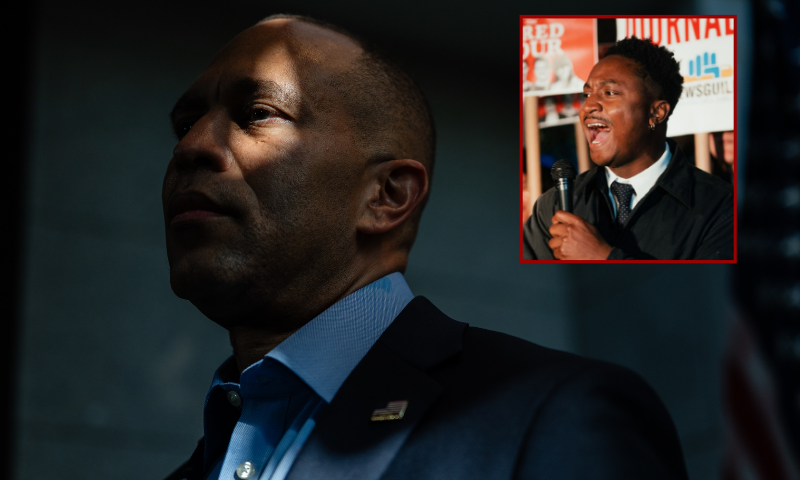 (Background) WASHINGTON, DC - NOVEMBER 6: House Minority Leader Hakeem Jeffries (D-NY) listens to a a question from a reporter during a news conference at the U.S. Capitol on November 6, 2025 in Washington, DC. (Eric Lee/Getty Images) / (R) New York City Council member Chi Ossé. (Photo via: x.com/CMChiOsse)
