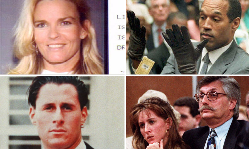 (L-Bottom) FILES:23 March 1991 file photo of Ronald Goldman who was killed along with O.J Simpson's ex-wife Nicole Simpson outside her Brentwood apartment in Los Angeles. The jury in the Simpson trial had reached a verdict which will be read 03 October. (Photo credit should read FILES/AFP via Getty Images) / (L-Top) LOS ANGELES, CA - JUNE 16: LAX04C-16JUNE94-FILES: This photo from the California Department of Motor Vehicles shows the driver's license of Nicole Brown Simpson, the ex-wife of former professional football player O.J. Simpson, who was slain along with a friend, Ronald Lyle Goldman, at her home 13 June 1994. Police have not confirmed that O.J. Simpson is a suspect in the slayings. (Photo credit should read STF/AFP via Getty Images) / (R-Top) LOS ANGELES, UNITED STATES: (YEARENDER 13) OJ Simpson looks at a new pair of Aris extra-large gloves that prosecutors had him put on 21 June 1995 during his double-murder trial in Los Angeles. Simpson was acquitted of charges of murdering his ex-wife Nicole Simpson and her friend Ronald Goldman. AFP PHOTO by Vince BUCCI (Photo credit should read Vince Bucci/AFP via Getty Images) / (R-Bottom) SANTA MONICA, CA - JUNE 25: Kim Goldman (L) and Fred Goldman (R) sister and father of murder victim Ronald Goldman listen to Superior Court Judge Alan Haber in a Santa Monica, California, court 25 June during a court session in the wrongful death lawsuit against O.J. Simpson. Simpson was acquitted October 1995 of the 12 June 1994 murders of his ex-wife Nicole and Goldman, 25, a waiter friend. (Photo credit should read AFP/AFP via Getty Images)