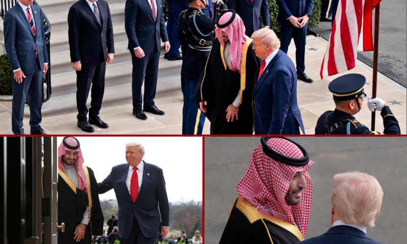 U.S. President Donald Trump (C-R) welcomes Crown Prince and Prime Minister Mohammed bin Salman of Saudi Arabia (C-L) during an arrival ceremony at the White House on November 18, 2025 in Washington, DC. (Photo by Chip Somodevilla/Getty Images)
