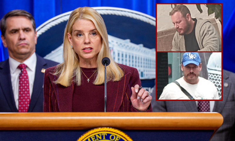 WASHINGTON, DC - NOVEMBER 19: Attorney General Pam Bondi, accompanied by Deputy Attorney General Todd Blanche (L) and FBI Director Kash Patel (R), speaks during a news conference at the Justice Department on November 19, 2025 in Washington, DC. The Justice Department announced a fifteen-million-dollar reward for information leading to the arrest of Ryan James Wedding, the leader of an international criminal drug organization who smuggled large quantities of cocaine through Colombia and Mexico for distribution in the United States and Canada. (Photo by Andrew Harnik/Getty Images) / (R) Photos via: State Dept.