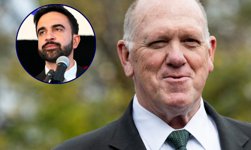 (Background) White House Border Czar Tom Homan speaks with the press outside of the West Wing of the White House in Washington, DC, November 14, 2025. (SAUL LOEB/AFP via Getty Images) / (L) NEW YORK, NEW YORK - JUNE 24: New York mayoral candidate, State Rep. Zohran Mamdani (D-NY) speaks to supporters during an election night gathering at The Greats of Craft LIC on June 24, 2025 in the Long Island City neighborhood of the Queens borough in New York City. Mamdani was announced as the winner of the Democratic nomination for mayor in a crowded field in the City’s mayoral primary to choose a successor to Mayor Eric Adams, who is running for re-election on an independent ticket. (Photo by Michael M. Santiago/Getty Images)