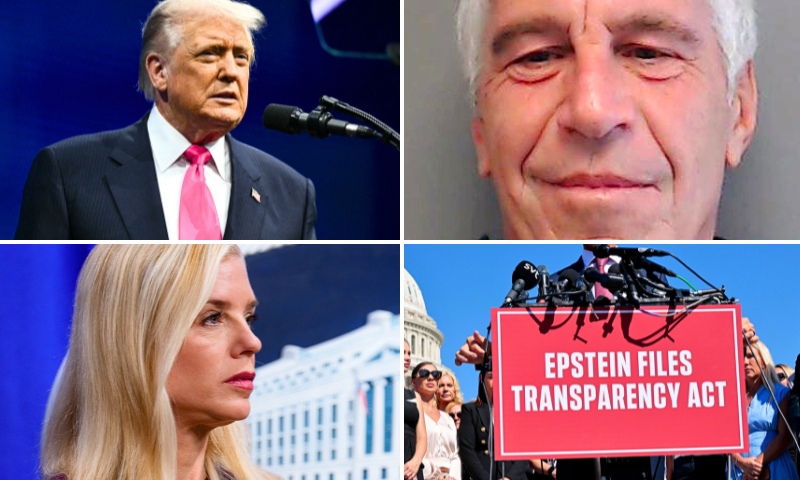 (R-Bottom) WASHINGTON, DC - SEPTEMBER 03: Attorney Bradley Edwards speaks during a news conference with alleged victims of disgraced financier and sex trafficker Jeffrey Epstein outside the U.S. Capitol on September 03, 2025 in Washington, DC. Massie and Khanna have introduced the Epstein List Transparency Act to force the federal government to release all unclassified records from the cases of Epstein and his associate, Ghislaine Maxwell. (Photo by Chip Somodevilla/Getty Images) / (R-top) UNSPECIFIED, FL - JULY 25. 2013: In this handout provided by the Florida Department of Law Enforcement, Jeffrey Epstein poses for a sex offender mugshot after being charged with procuring a minor for prostitution on July 25, 2013 in Florida. (Photo by Florida Department of Law Enforcement via Getty Images) / (L-Top) US President Donald Trump delivers remarks at the US-Saudi Investment Forum at the John F. Kennedy Center for the Performing Arts in Washington, DC on November 19, 2025. (Photo by Brendan SMIALOWSKI / AFP) (Photo by BRENDAN SMIALOWSKI/AFP via Getty Images) / (L-bottom) WASHINGTON, DC - NOVEMBER 19: Attorney General Pam Bondi appears at a news conference announcing the indictment of a former Olympic snowboarder Ryan Wedding, charging him with murder and money laundering in connection to a drug trafficking organization at the Justice Department on November 19, 2025 in Washington, DC. The Justice Department announced a fifteen-million-dollar reward for information leading to the arrest of Ryan James Wedding, the leader of a criminal drug organization who smuggled large quantities of cocaine through Colombia and Mexico for distribution in the United States and Canada. (Photo by Andrew Harnik/Getty Images)