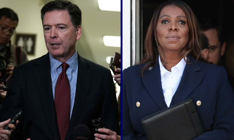 (L) WASHINGTON, DC - DECEMBER 07: Former Federal Bureau of Investigation Director James Comey speaks to members of the media at the Rayburn House Office Building after testifying to the House Judiciary and Oversight and Government Reform committees on Capitol Hill December 07, 2018 in Washington, DC. With less than a month of control of the committees, House Republicans subpoenaed Comey to testify behind closed doors about investigations into Hillary Clinton’s email server and whether President Trump’s campaign advisers colluded with the Russian government to steer the outcome of the 2016 presidential election. (Photo by Alex Wong/Getty Images) / (R) NORFOLK, VIRGINIA - OCTOBER 24: New York Attorney General Letitia James leaves the Walter E. Hoffman United States Courthouse following an arraignment hearing on October 24, 2025 in Norfolk, Virginia. James pleaded not guilty to two-counts related to statements she allegedly made about a second home purchased in 2020. (Photo by Win McNamee/Getty Images)