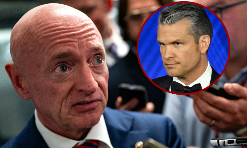 (Background) WASHINGTON, DC - JULY 25: U.S. Sen. Mark Kelly (D-AZ) speaks with reporters while waiting to catch the Senate subway to the Hart Senate Office Building from the U.S. Capitol on July 25, 2024 in Washington, DC. Multiple news outlets are reporting that the Senator from Arizona and former astronaut is one of many candidates being vetted to be the Vice Presidential running mate to Kamala Harris. (Photo by Kent Nishimura/Getty Images) / (R) GREENVALE, NEW YORK - NOVEMBER 06: United States Secretary of War Pete Hegseth speaks onstage during the 2025 Fox Nation Patriot Awards at Tilles Center for the Performing Arts on November 06, 2025 in Greenvale, New York. (Photo by Roy Rochlin/Getty Images)