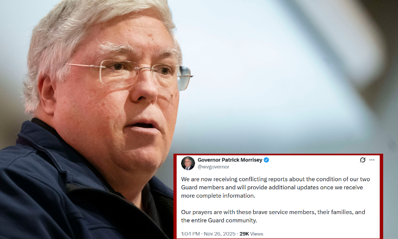 ABINGDON, VIRGINIA - NOVEMBER 1: West Virginia Governor Patrick Morrisey speaks at an event for Republican Gubernatorial Candidate Winsome Earle-Sears in Abingdon on November 1, 2025 in Abingdon, Virginia. The Virginia gubernatorial election will take place on November 4th. (Photo by Allison Joyce/Getty Images)