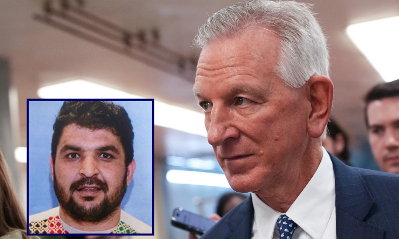 (L) suspect Rahmanullah Lakanwal, 29. (Photo via: FBI) / (Background) WASHINGTON, DC - JUNE 25: U.S. Sen. Tommy Tuberville (R-AL) talks to reporters as he walks to the Senate Chamber at the U.S. Capitol on June 25, 2025 in Washington, DC. Republican lawmakers are aiming to complete passage of the "One, Big, Beautiful Bill" by this weekend, which by some estimates would add at least $2.8 trillion to the $36.2 trillion U.S. debt in the long term. (Photo by Kevin Dietsch/Getty Images)