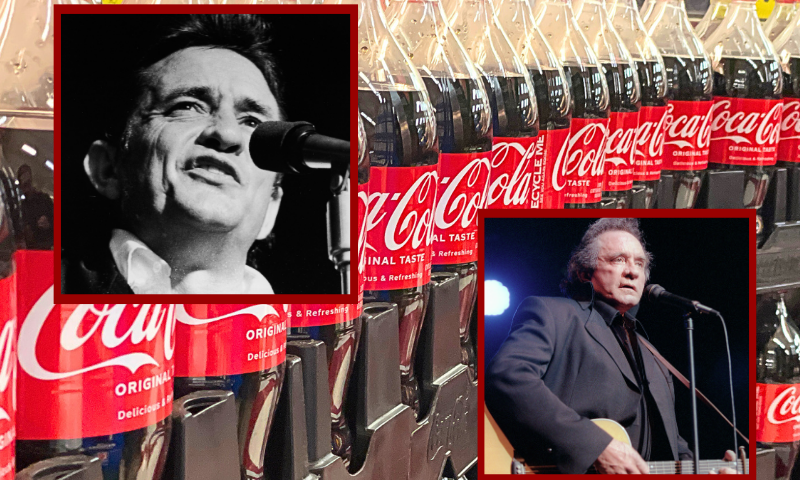 (Background) SAN RAFAEL, CALIFORNIA - APRIL 24: Bottles of Coca Cola displayed at a grocery store on April 24, 2023 in San Rafael, California. Coca Cola reported first quarter earnings that beat analyst expectations with revenues of $10.96 billion compared to the expected $10.8 billion. (Photo by Justin Sullivan/Getty Images) / (L) Headshot of American country singer Johnny Cash (1932 - 2003) singing on stage in a still from the film, 'Johnny Cash - The Man, His World, His Music,' directed by Robert Elfstrom, 1969. (Photo by Hulton Archive/Getty Images) / (R) BOURGES, FRANCE: Photo taken 16 April 1997 in Bourges of US country singer Johnny Cash performing during the Printemps de Bourges Festival. Johnny Cash died at the age of 71 in a hospital in Nashville 12 September 2003, CNN said quoting a hospital spokesman. At the age of 48 Cash became the youngest living inductee into the Country Music Hall of Fame. AFP PHOTO DANIEL JANIN (Photo credit should read DANIEL JANIN/AFP via Getty Images)