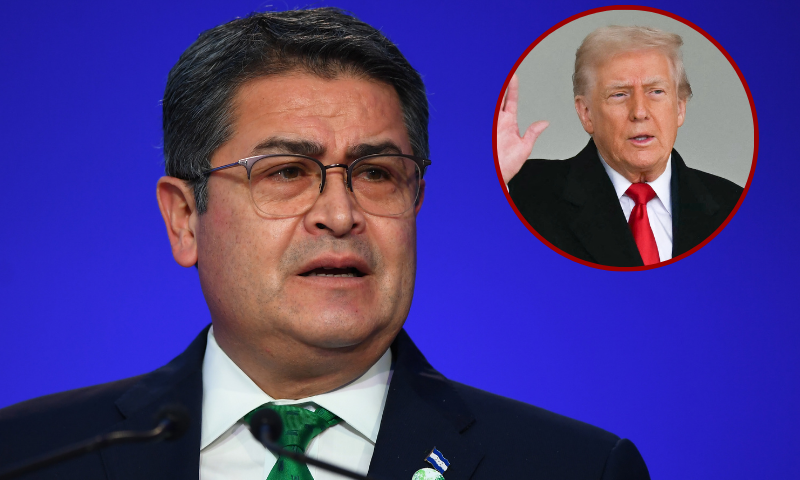 (Background) GLASGOW, SCOTLAND - NOVEMBER 01: Hondura President Juan Orlando Hernández presents his national statement during day two of COP26 at SECC on November 1, 2021 in Glasgow, United Kingdom. 2021 sees the 26th United Nations Climate Change Conference. The conference will run from 31 October for two weeks, finishing on 12 November. It was meant to take place in 2020 but was delayed due to the Covid-19 pandemic. (Photo by Andy Buchanan - Pool/Getty Images) / (R) US President Donald Trump and First Lady Melania Trump wave to the audience as they walk back to the Oval Office after participating in the White House turkey pardon ceremony in the Rose Garden of the White House in Washington, DC on November 25, 2025. (Photo by ANDREW CABALLERO-REYNOLDS / AFP via Getty Images)