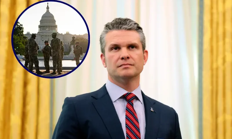 U.S. Secretary of Defense Peter Hegseth listens as U.S. President Donald Trump delivers remarks in the Oval Office of the White House on March 21, 2025 in Washington, DC. Trump announced the Next Generation of Air Dominance (NGDA) program, the F-47, the sixth-generation high-tech Air Force fighter to succeed the F-22 Raptor. (Photo by Anna Moneymaker/Getty Images) // Members of the National Guard patrol near the U.S. Capitol on October 1, 2025 in Washington, DC. Congress could not agree on a budget to fund the government at midnight, causing the first shutdown since 2018. (Photo by Al Drago/Getty Images)