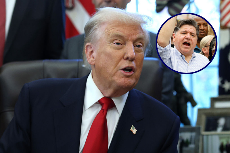 U.S. President Donald Trump delivers remarks during the swearing-in ceremony of U.S. Ambassador to India Sergio Gor in the Oval Office of the White House on November 10, 2025 in Washington, DC. In addition to serving as Ambassador to India, President Trump appointed Gor as Special Envoy to South and Central Asia. Gor previously served as Assistant to the President and Director of Presidential Personnel at the White House. (Photo by Anna Moneymaker/Getty Images) / Illinois Governor JB Pritzker (L) attends a rally during the "No Kings" national day of protest in Chicago on October 18, 2025. From New York to San Francisco, millions of Americans are expected to hit the streets to voice their anger over President Donald Trump's policies at nationwide "No Kings" protests. (Photo by KAMIL KRZACZYNSKI / AFP) (Photo by KAMIL KRZACZYNSKI/AFP via Getty Images)