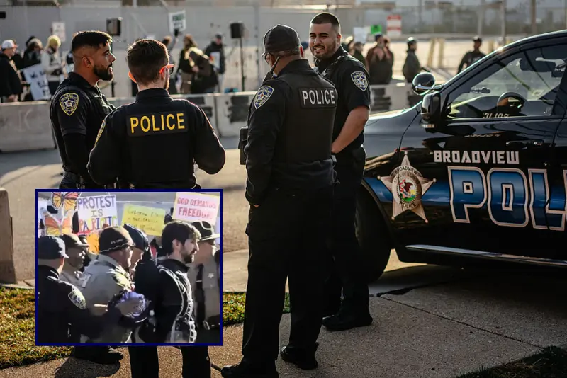 A group of local police officers watch from across the street as demonstrators gather and sing in the "free speech zone" outside the Immigration and Customs Enforcement processing and detention facility on October 31, 2025, in Broadview, Illinois. The Village of Broadview established the restricted protest zone and set curfew hours amid President Donald Trump's administration's "Operation Midway Blitz," an ongoing immigration enforcement surge across the Chicago region. (Photo by Jamie Kelter Davis/Getty Images) / Screen grab of protesters outside of an Immigration and Customs Enforcement (ICE) facility in Broadview, Illinois, on Friday, November 14th, 2025