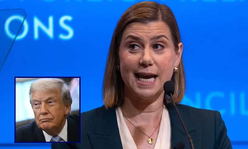 Sen. Elissa Slotkin (D-MI) delivers a speech on national security at the Council of Foreign Relations on September 05, 2025 in New York City. The speech included a call for the U.S. Government to "prioritize our national security infrastructure around middle-class economics". (Photo by Spencer Platt/Getty Images) / US President Donald Trump looks on during a meeting with the White House Task Force on the FIFA World Cup 2026 in the Oval Office of the White House in Washington, DC on November 17, 2025. (Photo by Brendan SMIALOWSKI / AFP) (Photo by BRENDAN SMIALOWSKI/AFP via Getty Images)