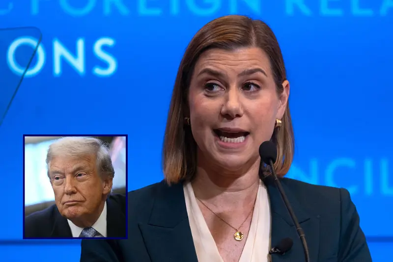 Sen. Elissa Slotkin (D-MI) delivers a speech on national security at the Council of Foreign Relations on September 05, 2025 in New York City. The speech included a call for the U.S. Government to "prioritize our national security infrastructure around middle-class economics". (Photo by Spencer Platt/Getty Images) / US President Donald Trump looks on during a meeting with the White House Task Force on the FIFA World Cup 2026 in the Oval Office of the White House in Washington, DC on November 17, 2025. (Photo by Brendan SMIALOWSKI / AFP) (Photo by BRENDAN SMIALOWSKI/AFP via Getty Images)