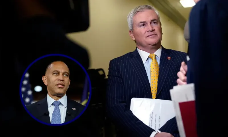 House Oversight Committee Chairman Rep. James Comer (R-KY) talks to reporters before a House Oversight and Government Reform Subcommittee on Delivering on Government Efficiency hearing in the Rayburn House Office Building on February 12, 2025 in Washington, DC. The subcommittee held a hearing titled “The War on Waste: Stamping Out the Scourge of Improper Payments and Fraud”. (Photo by Al Drago/Getty Images)//U.S. House Minority Leader Hakeem Jeffires (D-NY) speaks at a press conference on the government shutdown at the U.S. Capitol on October 08, 2025 in Washington, DC. The government remains shut down after Congress failed to reach a funding deal last week. (Photo by Kevin Dietsch/Getty Images)