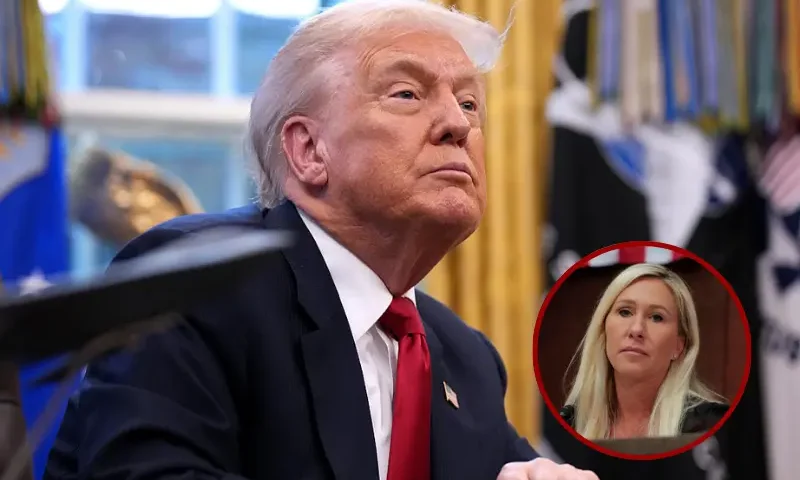 U.S. President Donald Trump delivers remarks during a meeting with New York City Mayor-elect Zohran Mamdani in the Oval Office of the White House on November 21, 2025 in Washington, DC. Trump congratulated Mamdani on his election win as the two political opponents met to discuss policies for New York City, including affordability, public safety, and immigration enforcement. (Photo by Andrew Harnik/Getty Images) / Chair of the Subcommittee on Delivering On Government Efficiency (DOGE) U.S. Rep. Marjorie Taylor Greene (R-SC) presides over a hearing of the House Oversight Subcommittee in the U.S. Capitol on February 26, 2025 in Washington, DC. The subcommittee held the hearing to hear from witnesses on U.S. foreign aid. (Photo by Anna Moneymaker/Getty Images)