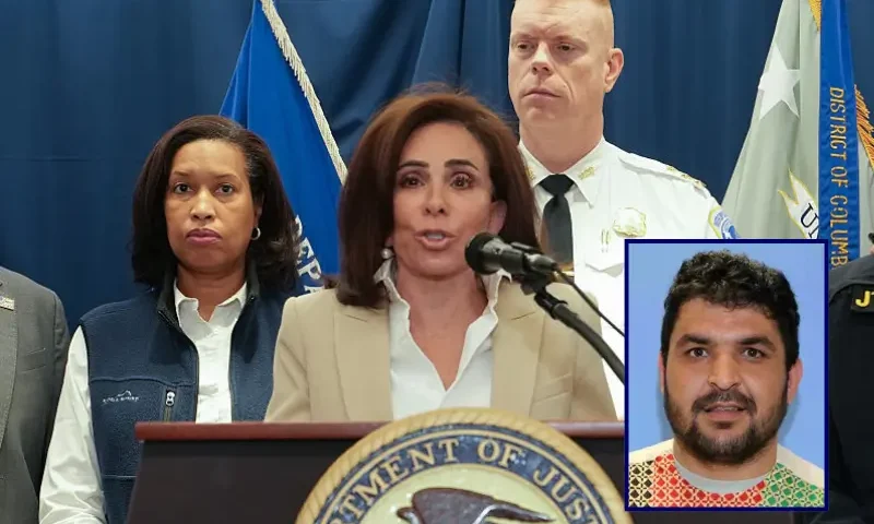 US Attorney for the District of Columbia Jeanine Pirro speaks to the press as D.C. Mayor Muriel Bowser (L), FBI Director Kash Patel (R), looks on during a press conference regarding the shooting of two West Virginia National Guard soldiers on November 27, 2025 in Washington, DC. Two members of the West Virginia National Guard were shot blocks from the White House in what authorities are calling a targeted shooting. (Photo by Andrew Leyden/Getty Images) / Rahmanullah Lakanwal (Department of Justice)