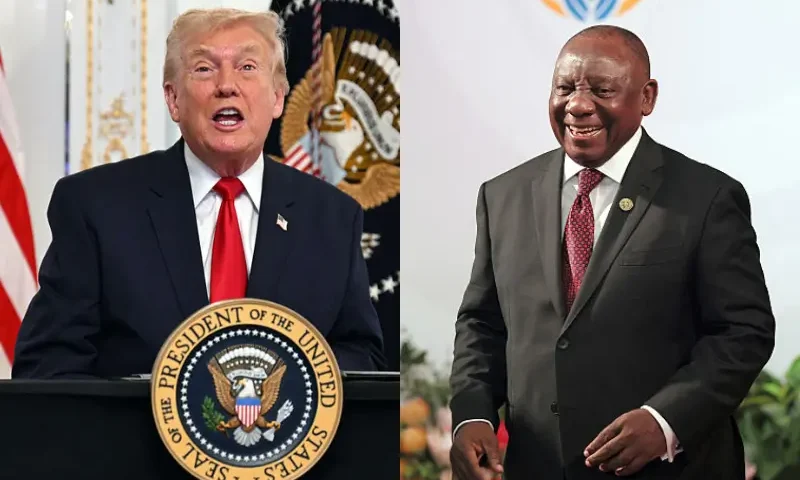 US President Donald Trump participates in a video call with military service members from his Mar-a-Lago residence in Palm Beach, Florida, on November 27, 2025, during the Thanksgiving holiday. US President Donald Trump said Thursday that Sarah Beckstrom, one of the two National Guard troops shot a day earlier near the White House, had died, while the other soldier was "fighting for his life." (Photo by Jim WATSON / AFP via Getty Images) / South African President Cyril Ramaphosa (R) welcomes Ethiopian Prime Minister Abiy Ahmed Ali as he arrives for the opening of the G20 Leaders' Summit at the Nasrec Expo Centre in Johannesburg on November 22, 2025. (Photo by Halden KROG / POOL / AFP via Getty Images)