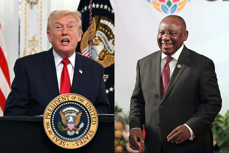 US President Donald Trump participates in a video call with military service members from his Mar-a-Lago residence in Palm Beach, Florida, on November 27, 2025, during the Thanksgiving holiday. US President Donald Trump said Thursday that Sarah Beckstrom, one of the two National Guard troops shot a day earlier near the White House, had died, while the other soldier was "fighting for his life." (Photo by Jim WATSON / AFP via Getty Images) / South African President Cyril Ramaphosa (R) welcomes Ethiopian Prime Minister Abiy Ahmed Ali as he arrives for the opening of the G20 Leaders' Summit at the Nasrec Expo Centre in Johannesburg on November 22, 2025. (Photo by Halden KROG / POOL / AFP via Getty Images)