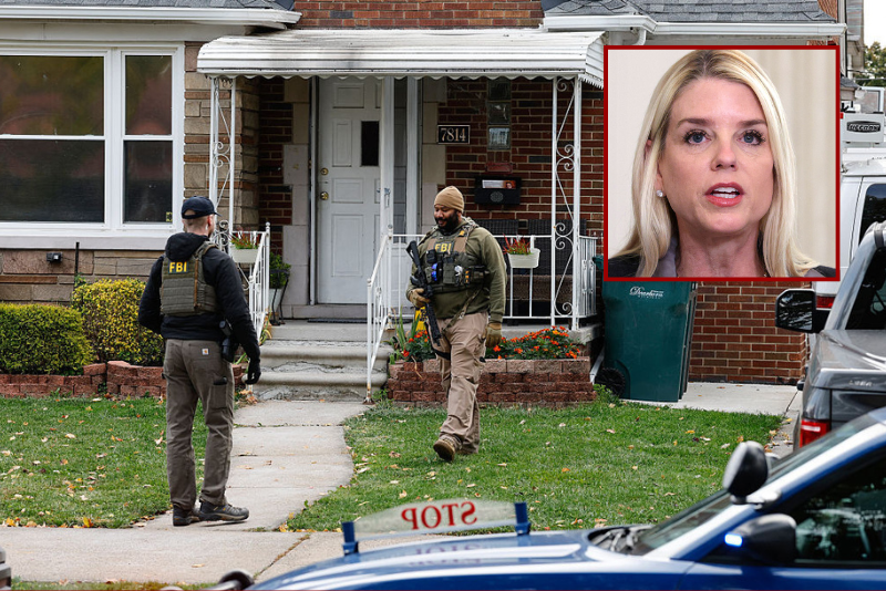 Members of the FBI Joint Terrorism Task Force search a home in Dearborn, Michigan, on October 31, 2025. FBI Director Kash Patel said Friday that the agency had thwarted a "potential terrorist attack" planned in the northern state of Michigan over Halloween weekend. Patel said the FBI arrested multiple subjects. (Photo by JEFF KOWALSKY / AFP) (Photo by JEFF KOWALSKY/AFP via Getty Images) / U.S. Attorney General Pam Bondi delivers remarks as U.S. President Donald Trump delivers an announcement on his Homeland Security Task Force in the State Dining Room of the White House on October 23, 2025 in Washington, DC. Trump announced the successes of his administration’s task force including the arrests of over 3,000 cartel and foreign terrorist members. (Photo by Alex Wong/Getty Images)