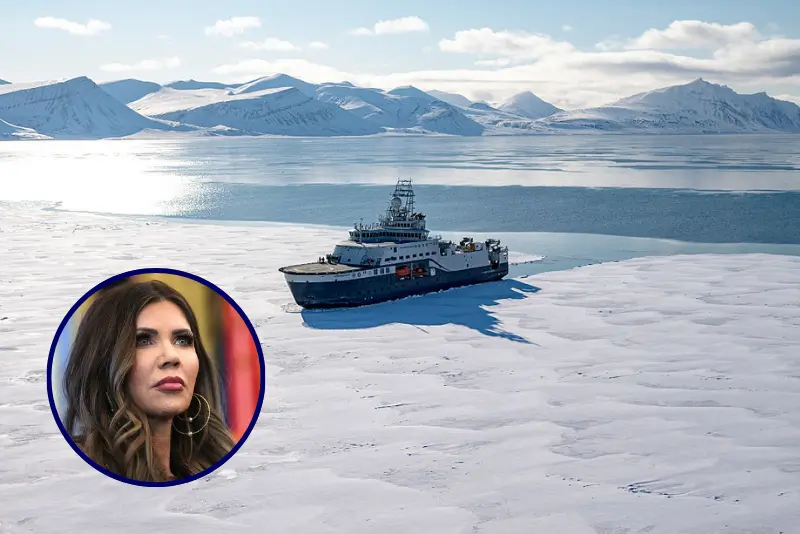 The icebreaker scientific research vessel Kronprins Haakon sails through a fjord covered with sea ice in eastern Spitzbergen on April 6, 2025. The Norwegian Polar Institute, an Arctic research organisation, organised a five-week expedition aboard the high-tech research vessel and icebreaker Kronprins Haakon to collect adipose tissue biopsies and blood samples from polar bears in order to study the impact of pollutants on their health. (Photo by Olivier MORIN / AFP) (Photo by OLIVIER MORIN/AFP via Getty Images) / U.S. Homeland Security Secretary Kristi Noem attends a meeting of the White House Task Force on the FIFA World Cup 2026 in the Oval Office of the White House on November 17, 2025 in Washington, DC. The task force was created to oversee security, logistics, and federal government support for the 2025 Club World Cup and the 2026 FIFA World Cup, jointly hosted by the United States. (Photo by Win McNamee/Getty Images)
