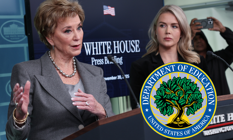 (Background) WASHINGTON, DC - NOVEMBER 20: Secretary of Education Linda McMahon (L) speaks during a White House press briefing with White House Press Secretary Karoline Leavitt (R) on November 20, 2025 in Washington, DC. McMahon addressed questions related to a recent initiative by the Trump administration to largely dismantle the Department of Education, moving many of its operations to other U.S. government agencies. (Photo by Win McNamee/Getty Images) / (R) official U.S. Dept. of Education logo.